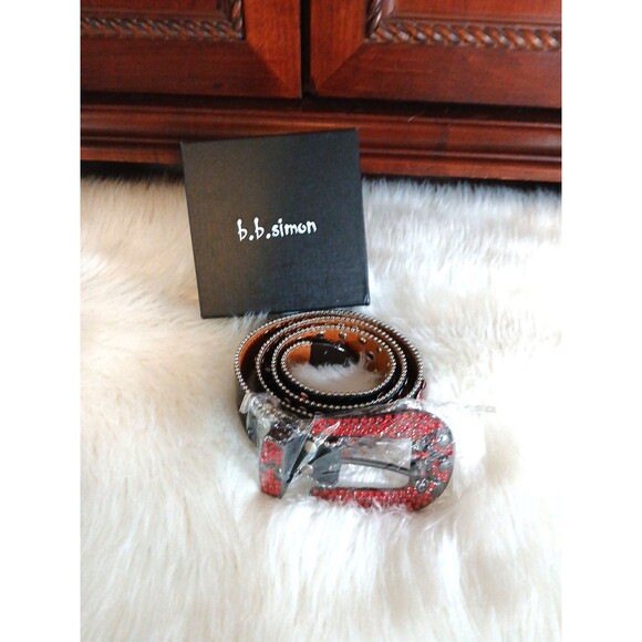 NEW in BOX B.B. Simon Belt Silver Studded w/Red Stones and Skulls Signature Logo - Picture 2 of 13